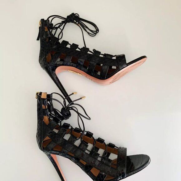 Women's AQUAZZURA Amazon Black Python Leather Strappy Lace Up Sandals Size 8 - Picture 1 of 10